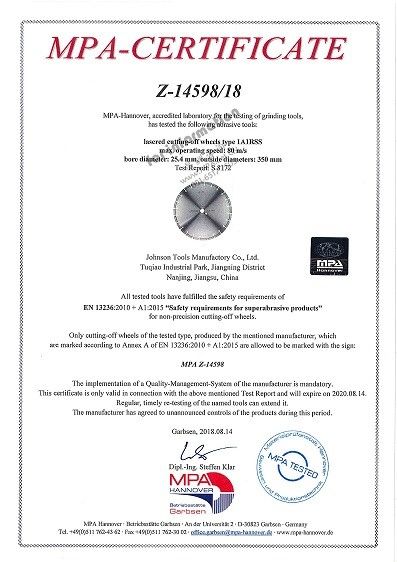 Porcellana Johnson Tools Manufactory Co.,Ltd Certificazioni